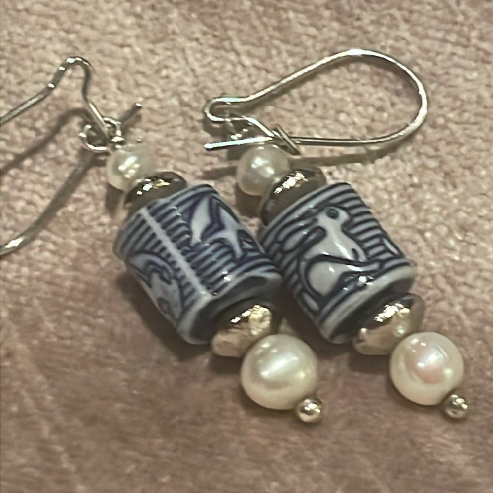Pearl Ceramic Blue And White Pearl Dangle Earrings Rabbit